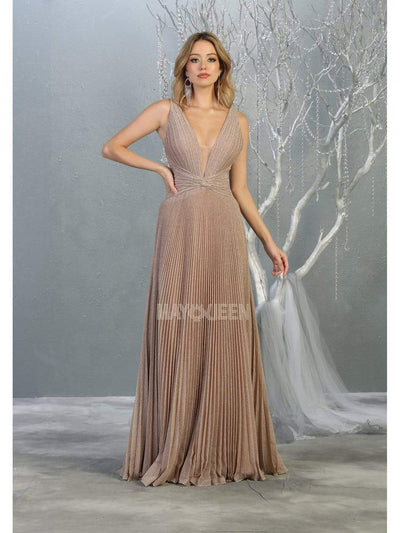 May Queen - RQ7829 Pleated Plunging V-Neck A-Line Dress Prom Dresses 4 / Rosegold