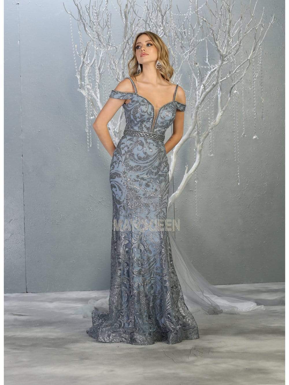 May Queen - RQ7830 Plunging Off-Shoulder Trumpet Dress Evening Dresses 4 / Dusty-Blue