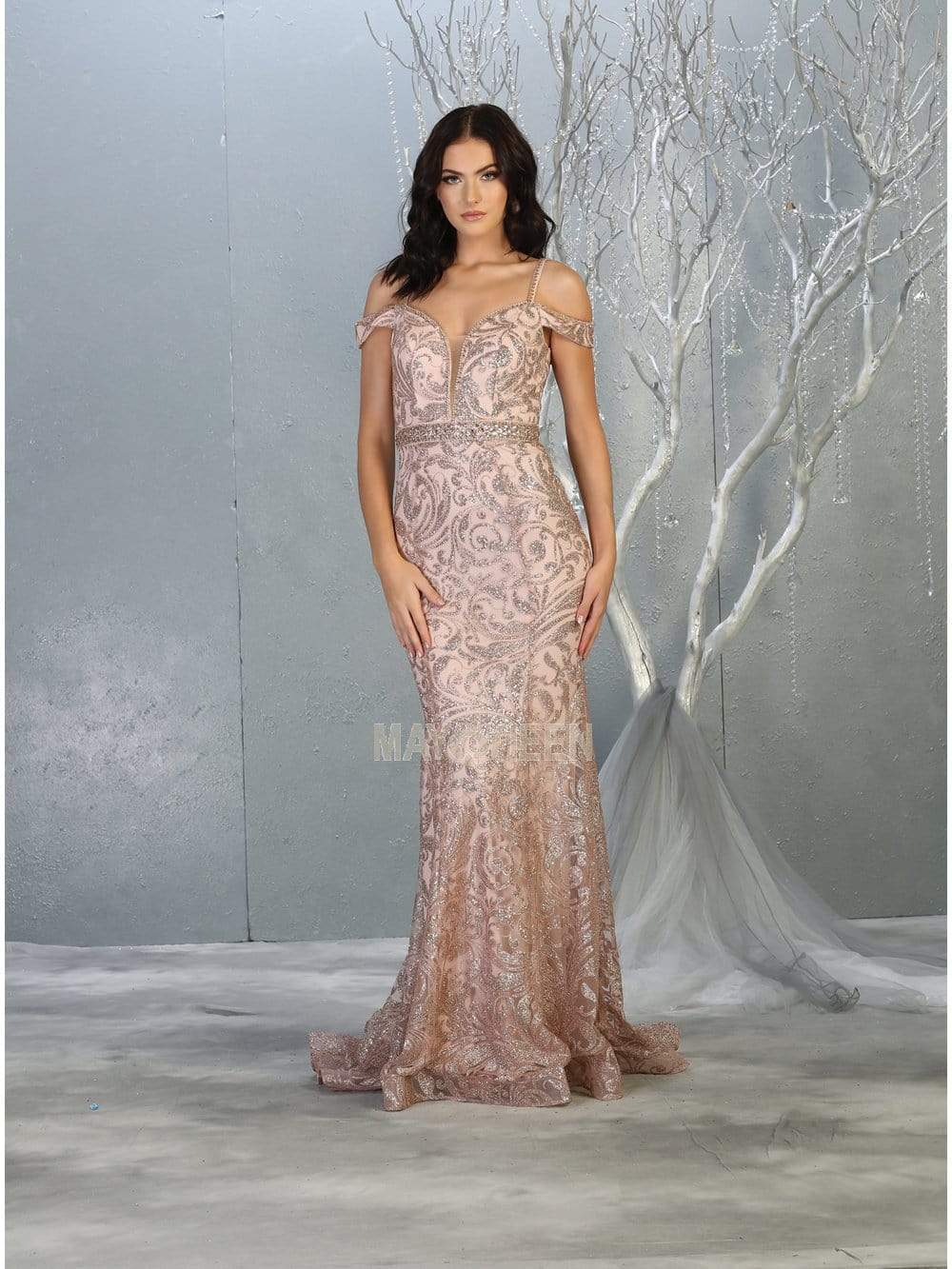 May Queen - RQ7830 Plunging Off-Shoulder Trumpet Dress Evening Dresses 4 / Rosegold