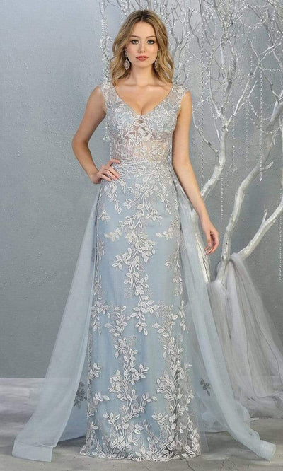May Queen - RQ7834SC Sheer Bod Embroidered Tulle Dress In Blue