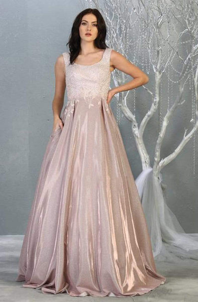 May Queen - RQ7835 Embellished Scoop Neck A-line Dress Prom Dresses 4 / Rosegold