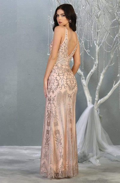 May Queen - RQ7840 Glitter Plunging V-Neck Sheath Gown Evening Dresses