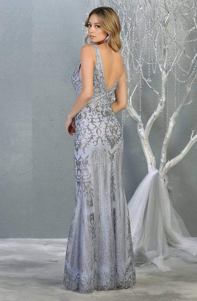May Queen - RQ7840 Glitter Plunging V-Neck Sheath Gown Evening Dresses
