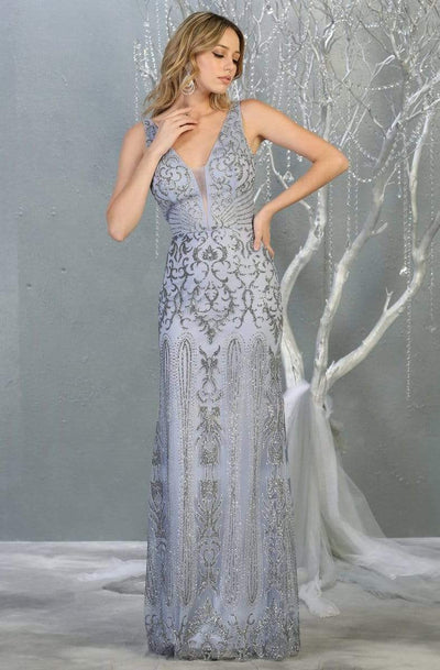 May Queen - RQ7840 Glitter Plunging V-Neck Sheath Gown Evening Dresses 4 / Dusty-Blue