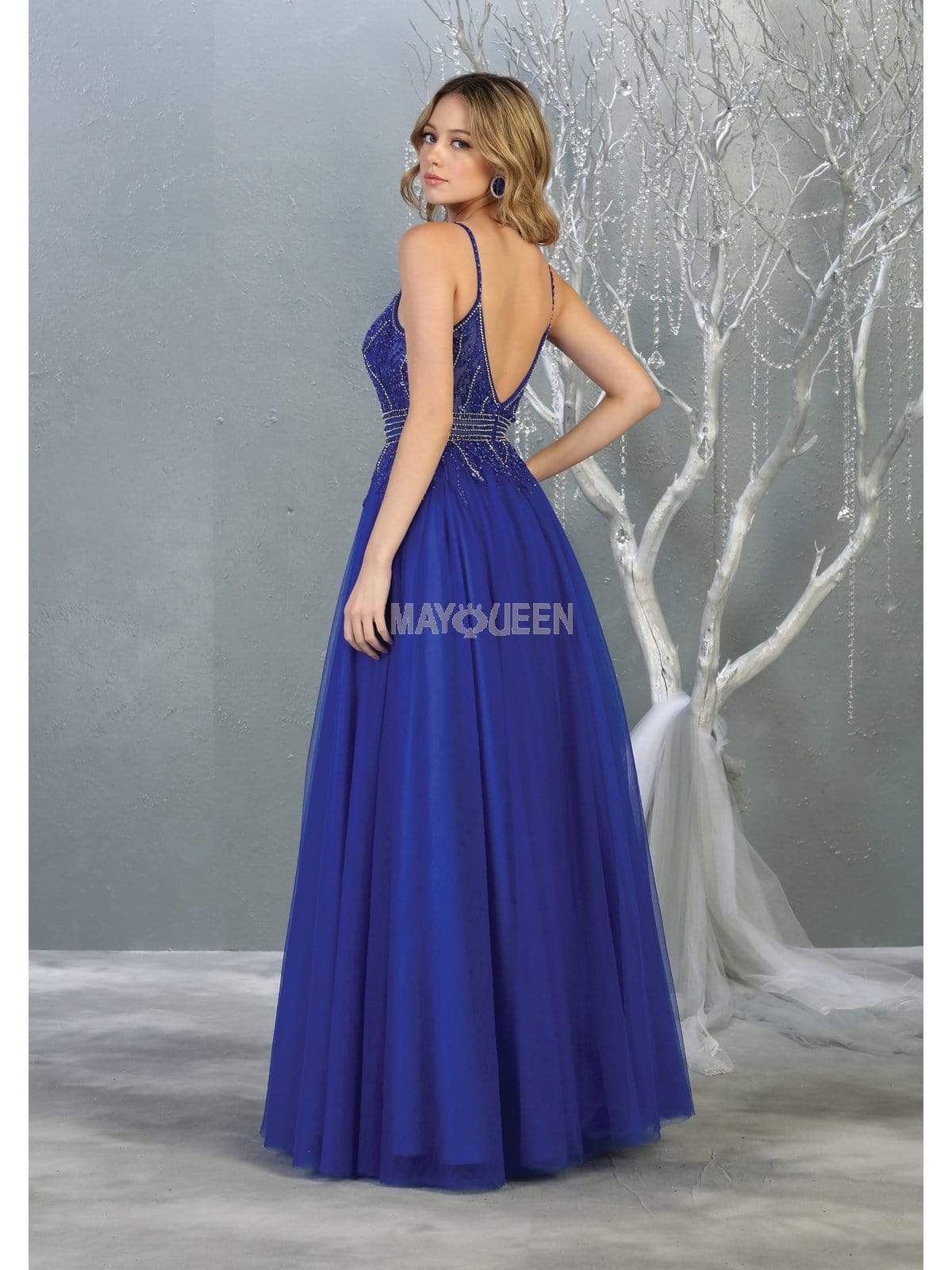 May Queen - RQ7841 Bead Embellished Deep V-Neck A-Line Dress Prom Dresses