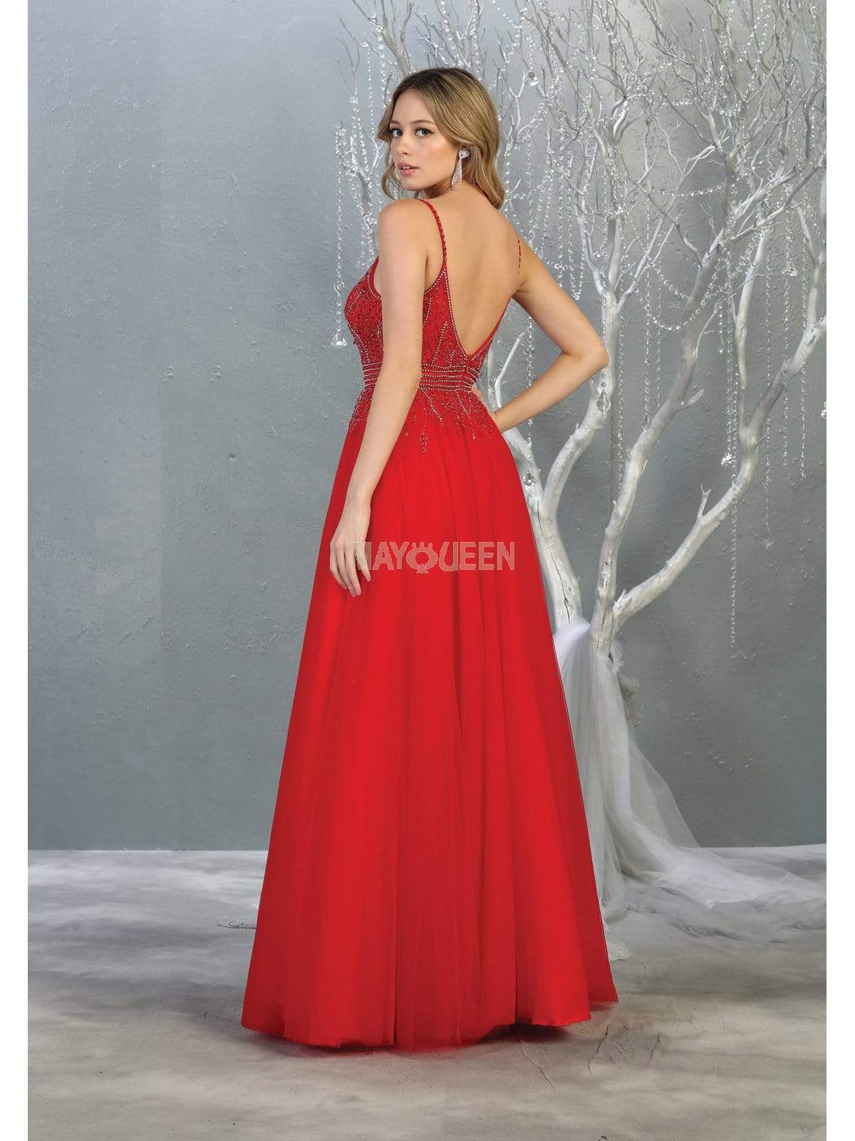 May Queen - RQ7841 Bead Embellished Deep V-Neck A-Line Dress Prom Dresses