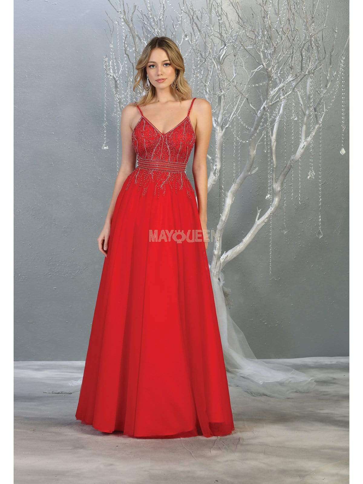 May Queen - RQ7841 Bead Embellished Deep V-Neck A-Line Dress Prom Dresses