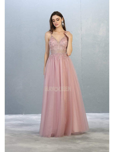May Queen - RQ7841 Bead Embellished Deep V-Neck A-Line Dress Prom Dresses 4 / Mauve