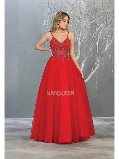 May Queen - RQ7841 Bead Embellished Deep V-Neck A-Line Dress Prom Dresses 4 / Red