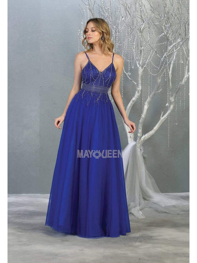 May Queen - RQ7841 Bead Embellished Deep V-Neck A-Line Dress Prom Dresses 4 / Royal