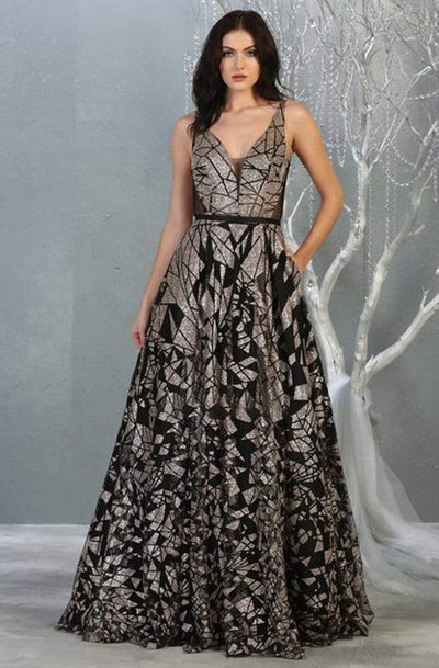 May Queen - RQ7842 Embellished Deep V-neck A-line Dress Prom Dresses 2 / Black/Gold