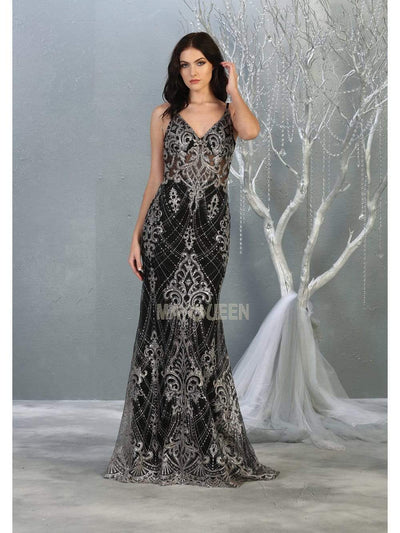 May Queen - RQ7843 Fully Embellished V-Neck Mermaid Dress Evening Dresses 4 / Black/Multi