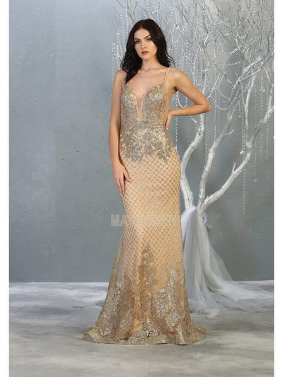 May Queen - RQ7845 Glitter V Back Sheath Evening Dress Evening Dresses 2 / Gold