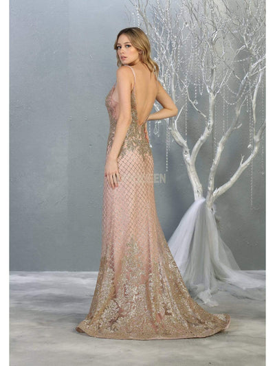 May Queen - RQ7845 Glitter V Back Sheath Evening Dress Evening Dresses