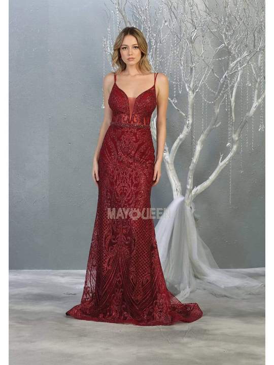 May Queen - Sleeveless Glitters Sheath Gown RQ7846SC In Red