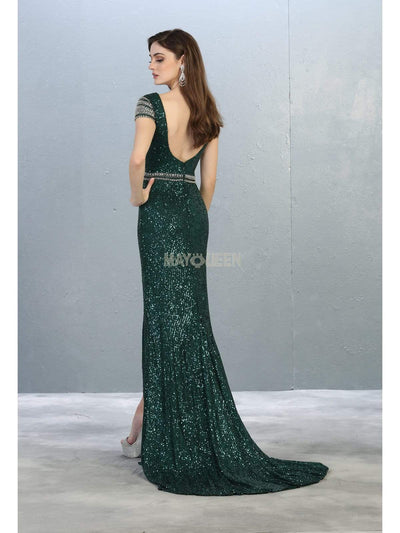 May Queen - RQ7848 Bateau Evening Gown with Slit Evening Dresses