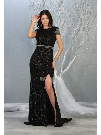 May Queen - RQ7848 Bateau Evening Gown with Slit Evening Dresses 4 / Black