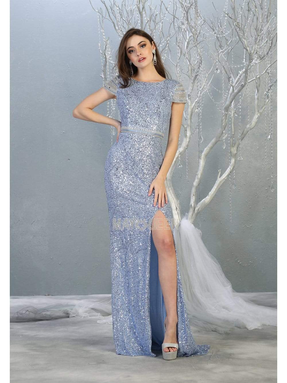 May Queen - RQ7848 Bateau Evening Gown with Slit Evening Dresses 4 / Dusty-Blue