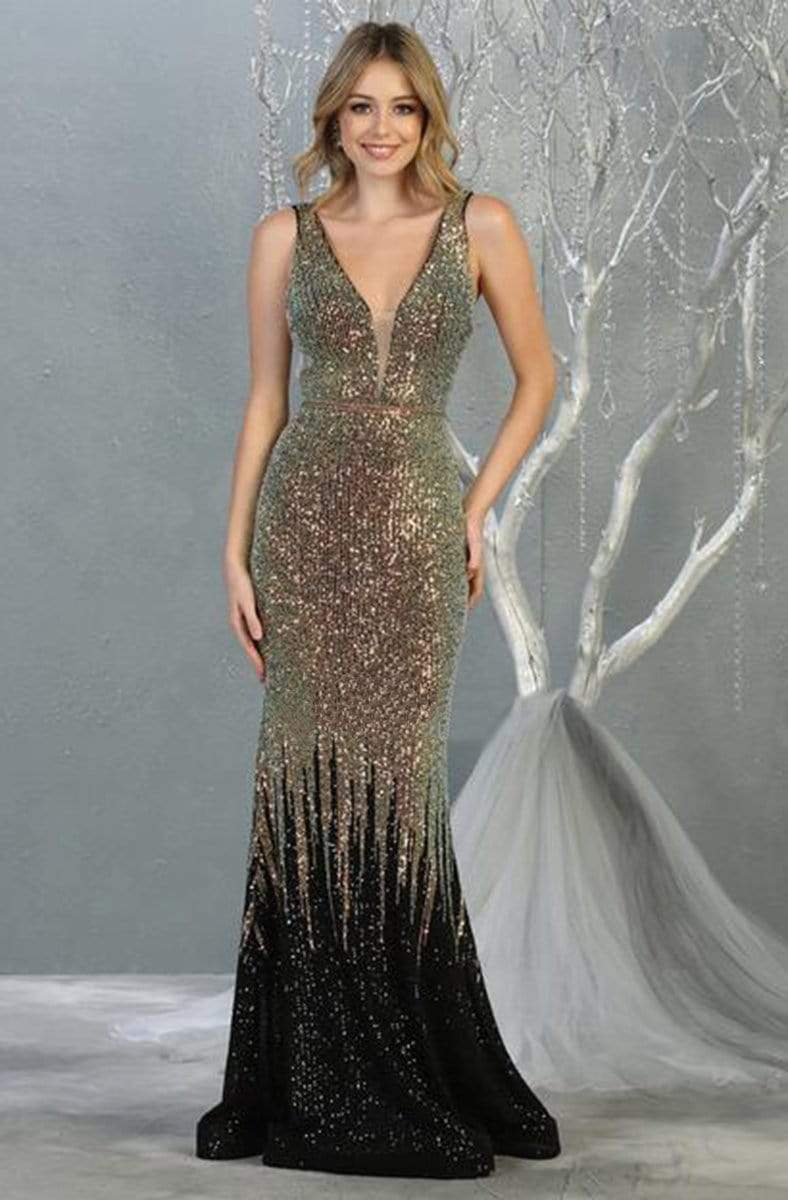 May Queen - RQ7851 Embellished Deep V-neck Trumpet Dress Evening Dresses 2 / Black/Multi