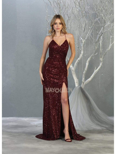 May Queen - RQ7852 Sequin Embellished Deep V-Neck Dress with Slit Evening Dresses 2 / Burgundy