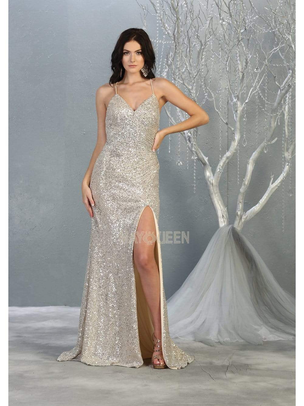 May Queen - RQ7852 Sequin Embellished Deep V-Neck Dress with Slit Evening Dresses 2 / Champagne