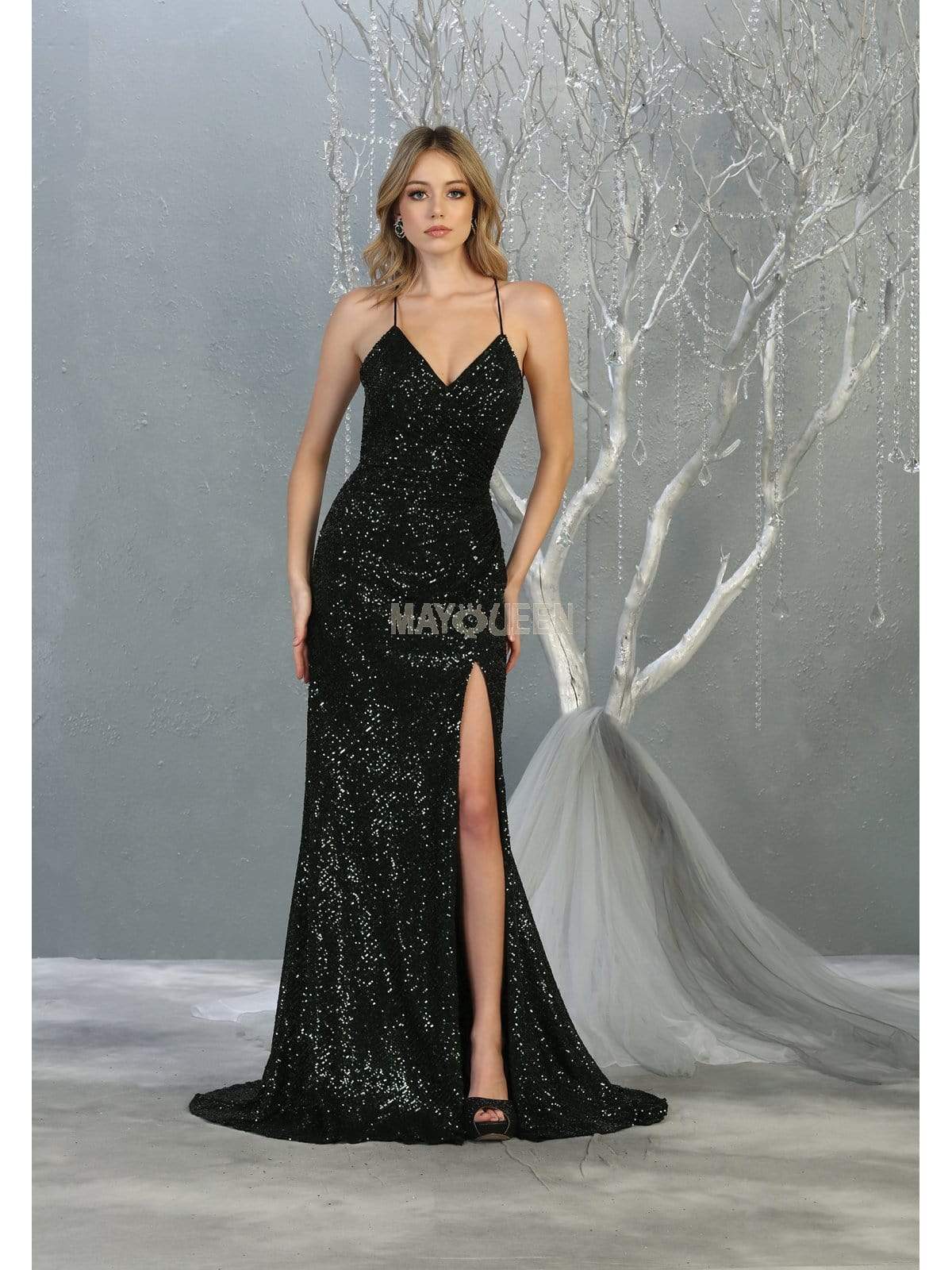 May Queen - RQ7852 Sequin Embellished Deep V-Neck Dress with Slit Evening Dresses 2 / Hunter-Grn
