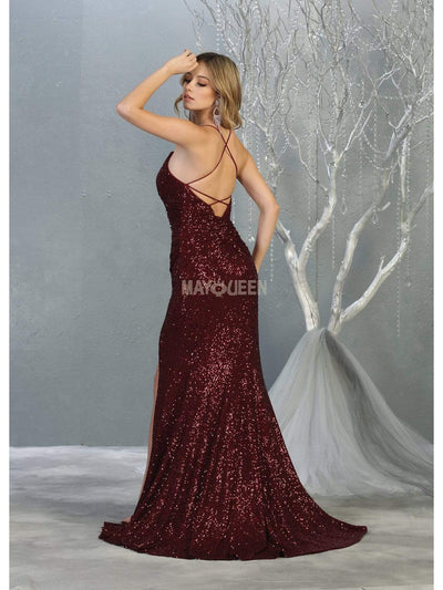 May Queen - RQ7852 Sequin Embellished Deep V-Neck Dress with Slit Evening Dresses