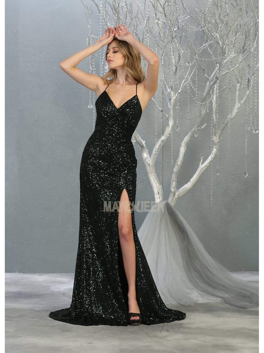 May Queen - RQ7852 Sequin Embellished Deep V-Neck Dress with Slit Evening Dresses