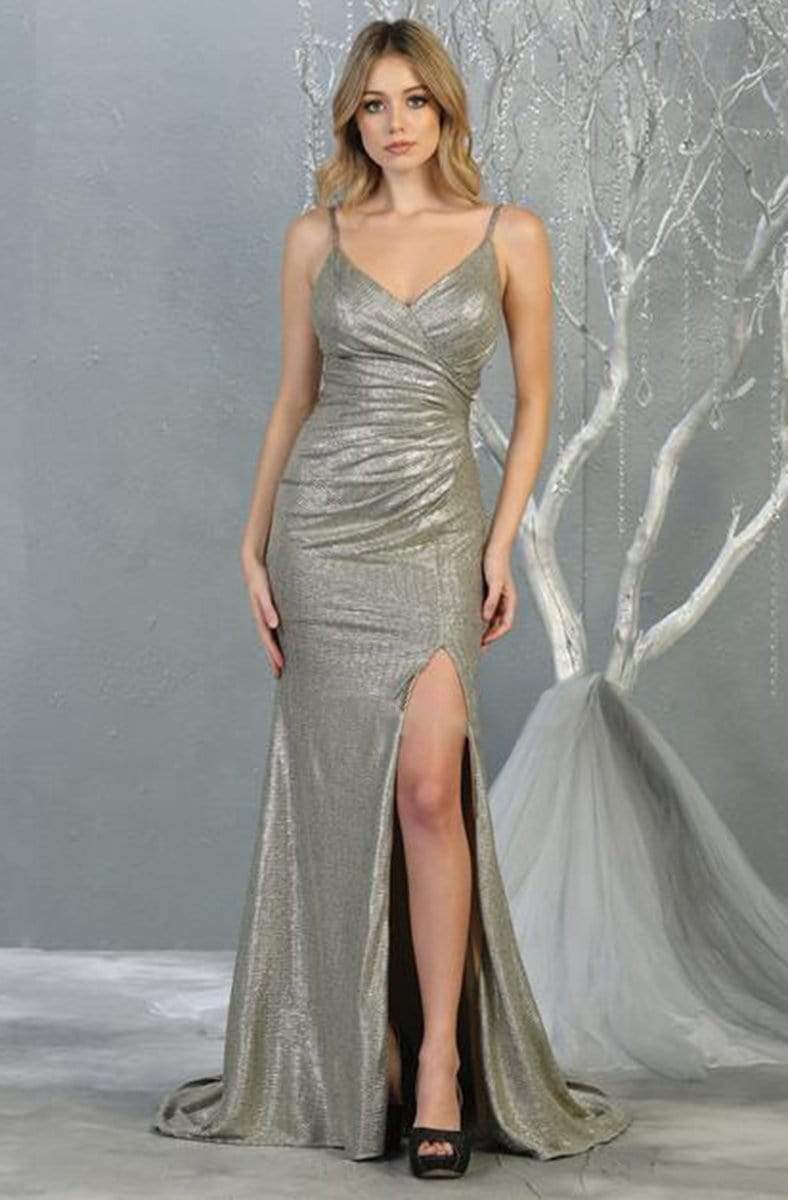 May Queen - RQ7859 Gathered V-neck Trumpet Dress Evening Dresses 4 / Champagne