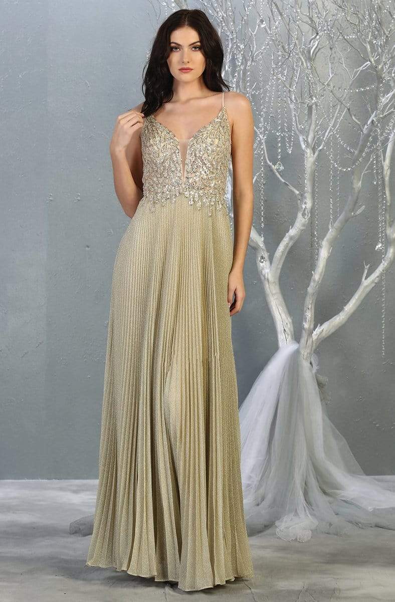 May Queen - RQ7862 Glitter Pleated V-Neck A-Line Gown Prom Dresses 4 / Champagne