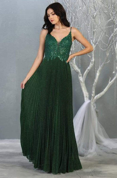 May Queen - RQ7862 Glitter Pleated V-Neck A-Line Gown Prom Dresses 4 / Hunter-Grn