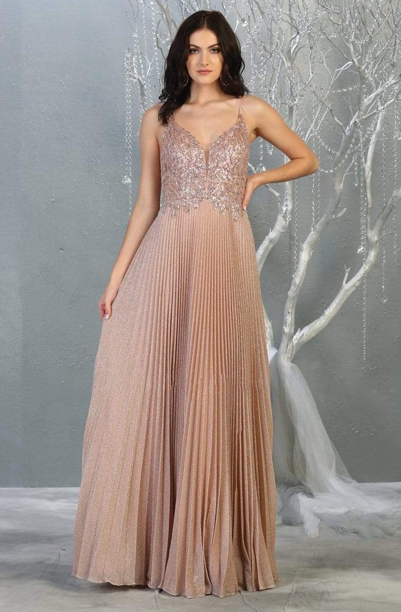 May Queen - RQ7862 Glitter Pleated V-Neck A-Line Gown Prom Dresses 4 / Rosegold