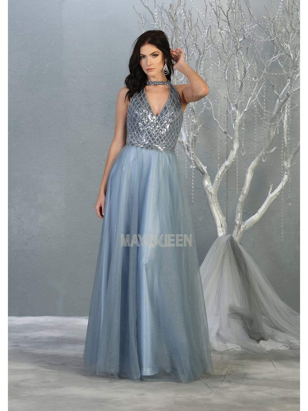 May Queen - RQ7863 Strappy High Halter A-Line Gown Prom Dresses 4 / Dusty-Blue