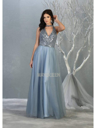 May Queen - RQ7863 Strappy High Halter A-Line Gown Prom Dresses 4 / Dusty-Blue