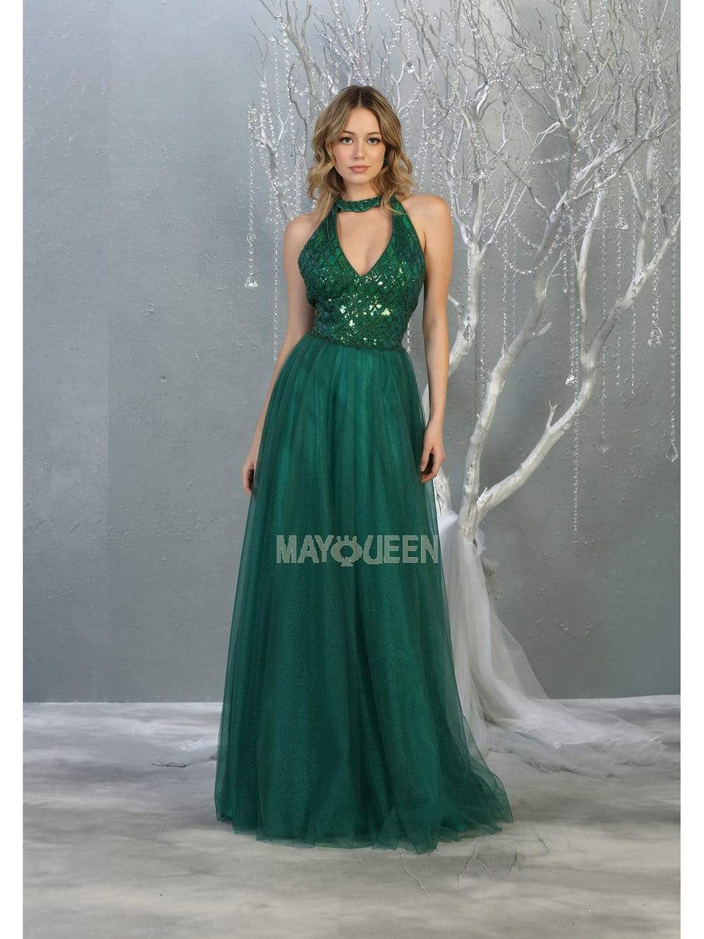 May Queen - RQ7863 Strappy High Halter A-Line Gown Prom Dresses 4 / Hunter-Grn