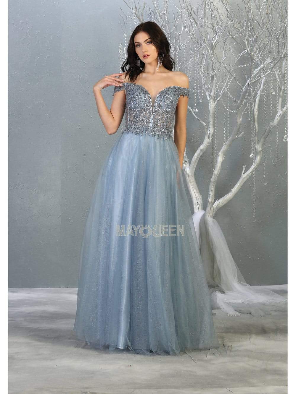 May Queen - RQ7864 Embellished Plunging Off-Shoulder Gown Prom Dresses 4 / Dusty-Blue