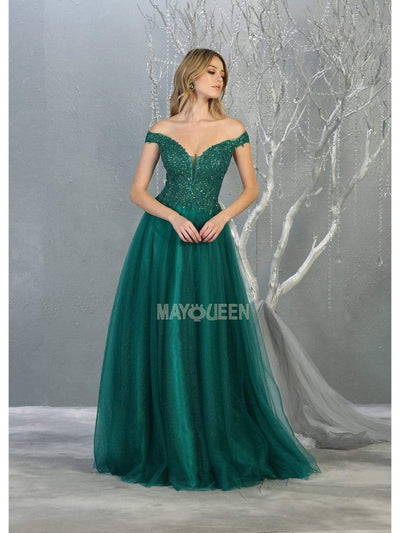 May Queen - RQ7864 Embellished Plunging Off-Shoulder Gown Prom Dresses 4 / Hunter-Grn