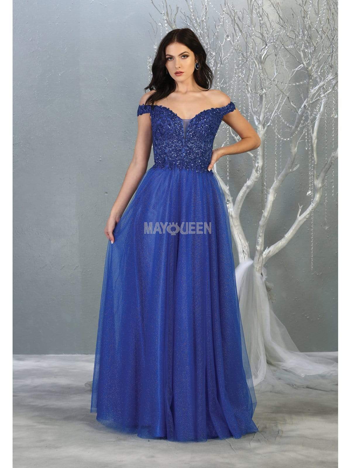 May Queen - RQ7864 Embellished Plunging Off-Shoulder Gown Prom Dresses 4 / Royal-Blue