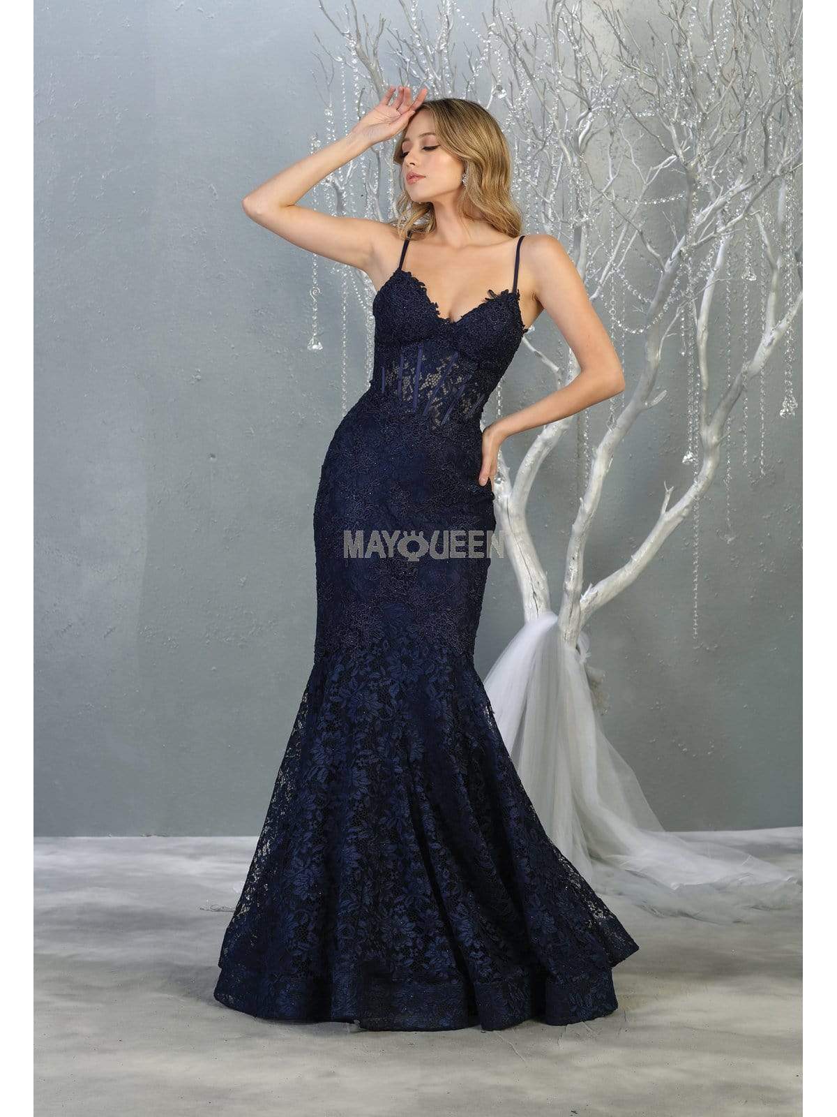 May Queen - RQ7865 Lace Appliqued V-Neck Trumpet Dress Evening Dresses