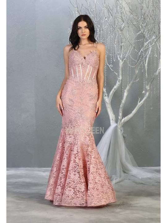 May Queen - Sleeveless Floral Lace Trumpet Gown RQ7865SC In Pink