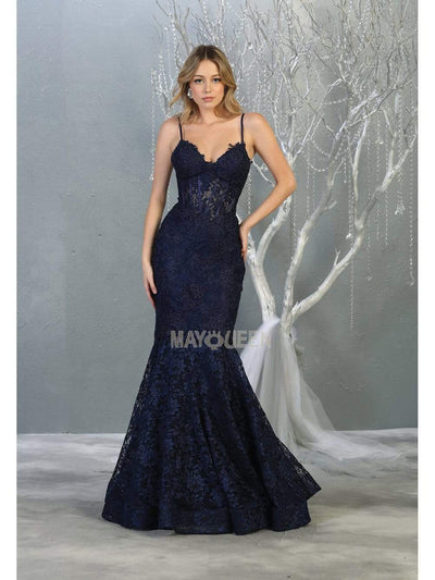 May Queen - RQ7865 Lace Appliqued V-Neck Trumpet Dress Evening Dresses 4 / Navy