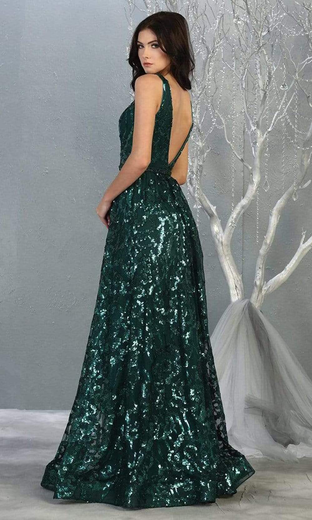 May Queen - RQ7866 Embellished V-neck A-line Gown Evening Dresses