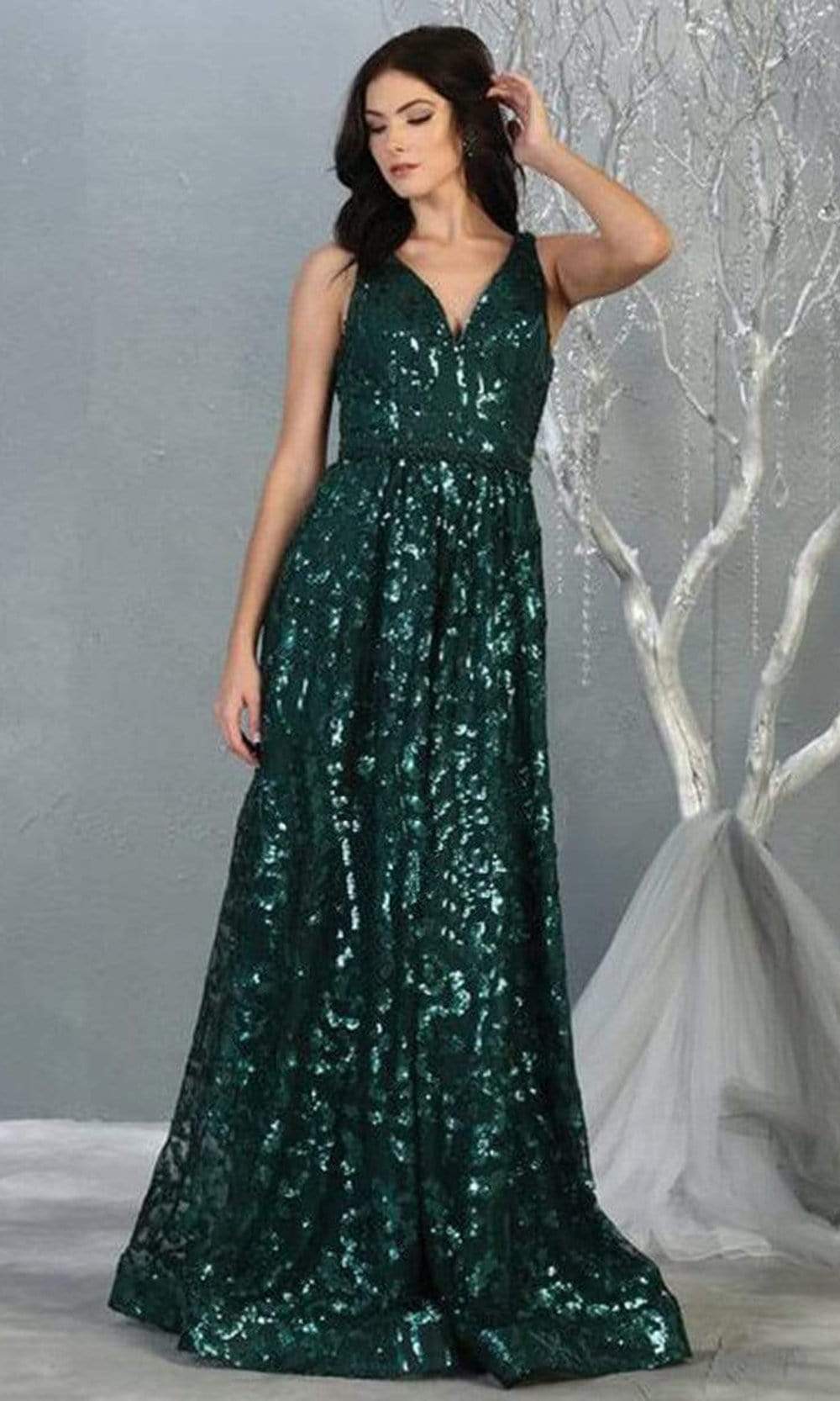 May Queen - RQ7866 Embellished V-neck A-line Gown Evening Dresses 4 / Hunter-Grn