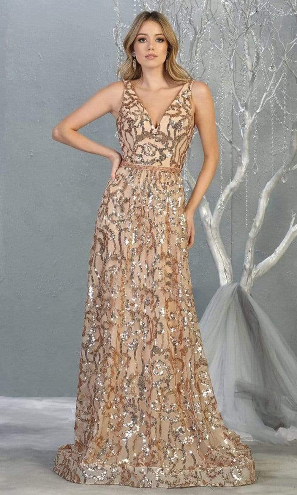 May Queen - RQ7866 Embellished V-neck A-line Gown Evening Dresses 4 / Rosegold