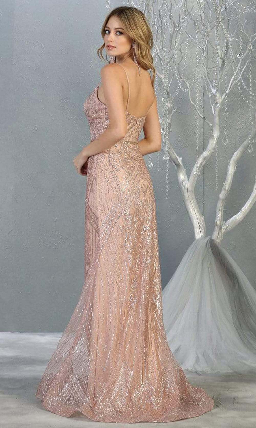 May Queen - RQ7868SC Thin Strap Glitter-Shimmer Long Dress In Pink