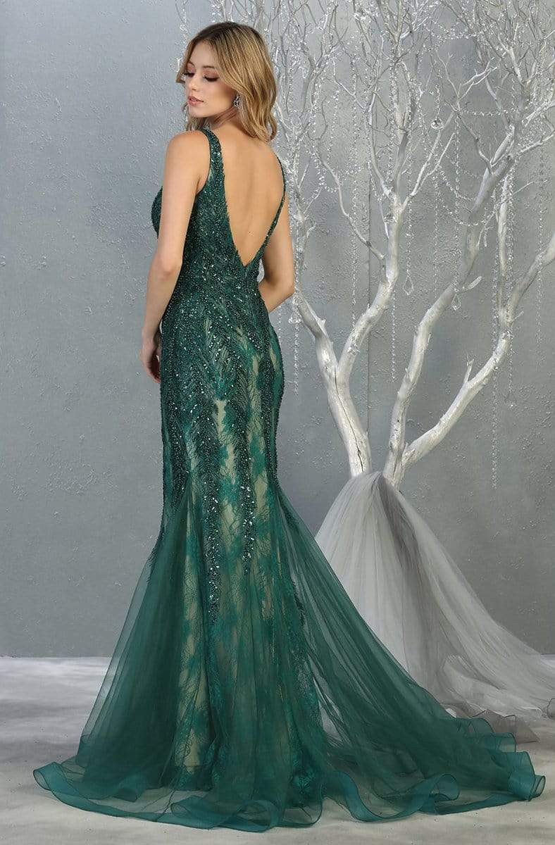 May Queen - RQ7872 Embellished Deep V-neck Trumpet Dress Prom Dresses