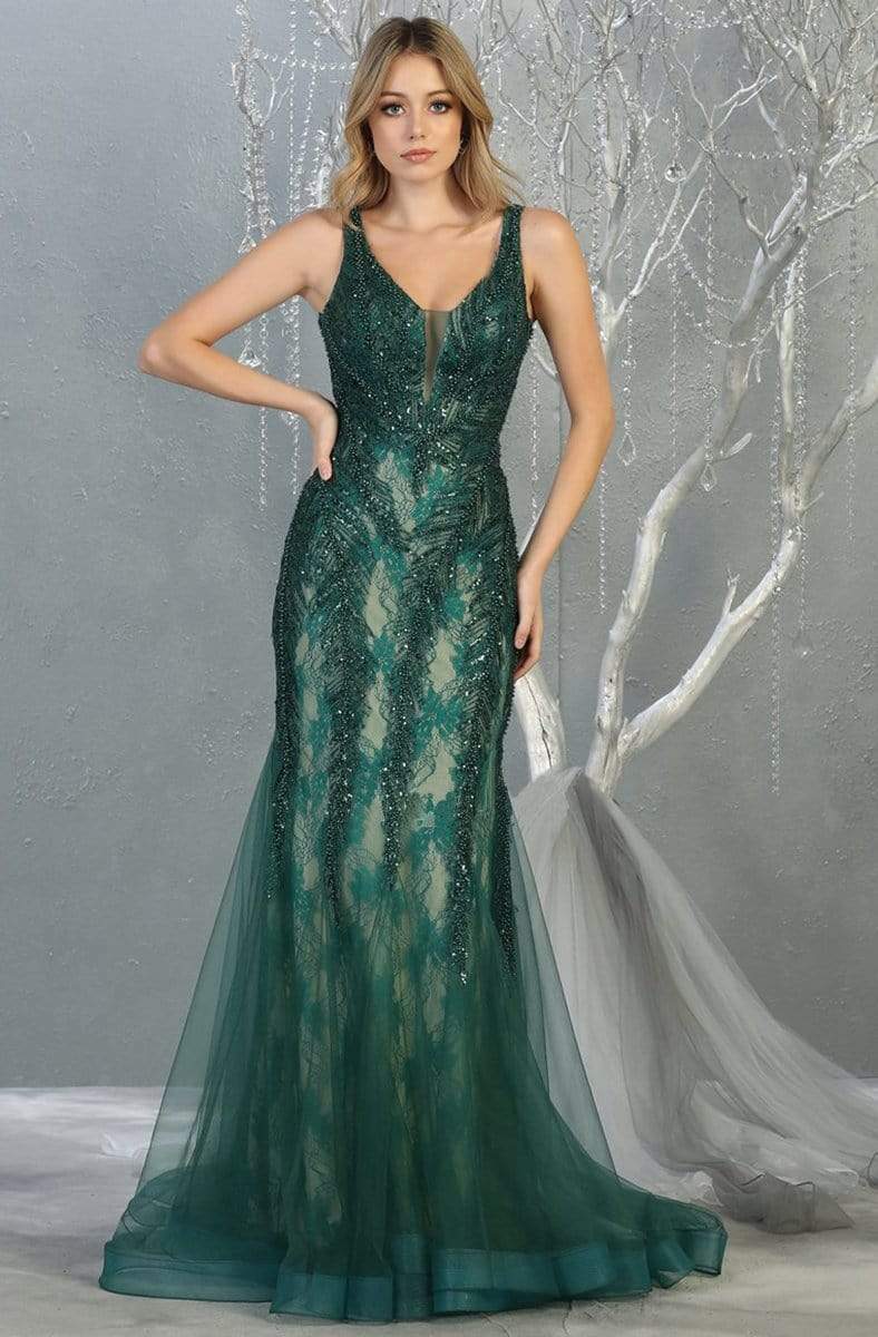 May Queen - RQ7872 Embellished Deep V-neck Trumpet Dress Prom Dresses 4 / Hgreen/Nude