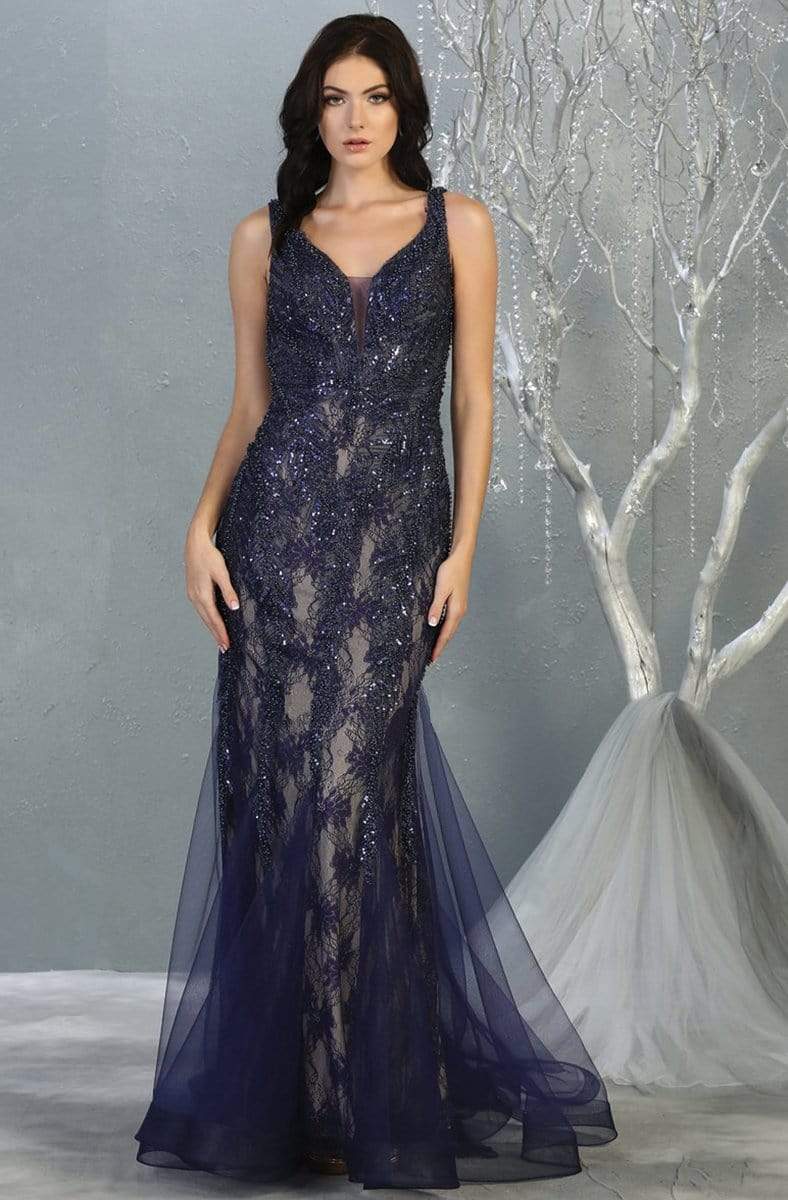 May Queen - RQ7872 Embellished Deep V-neck Trumpet Dress Prom Dresses 4 / Navy/Nude