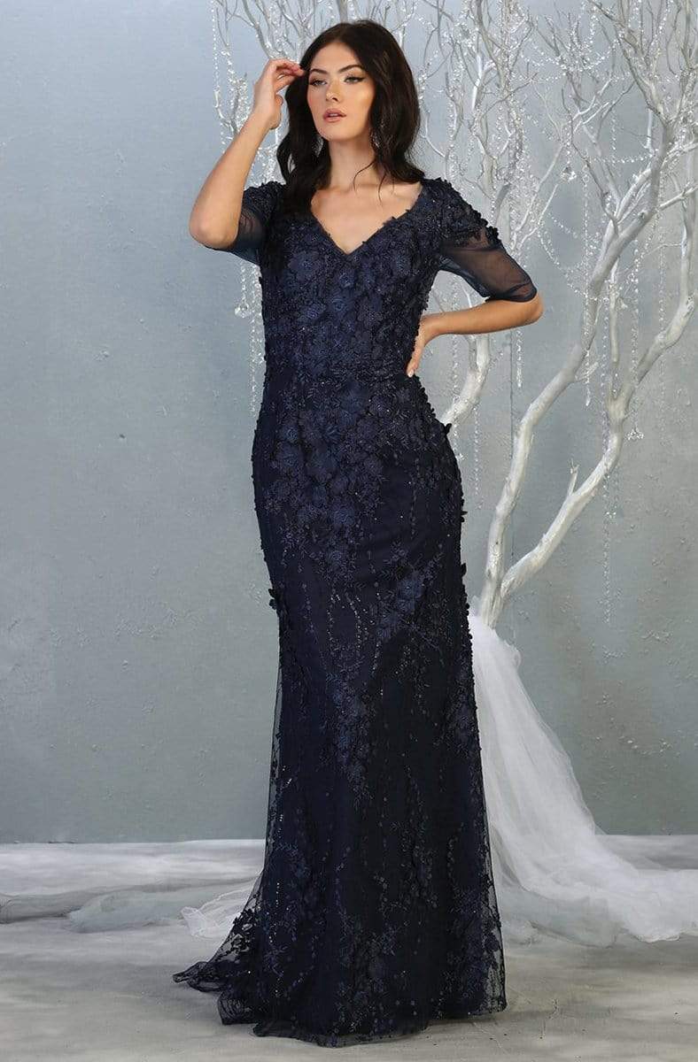 May Queen - RQ7873 Floral Applique V-neck Trumpet Dress Mother of the Bride Dresses M / Navy