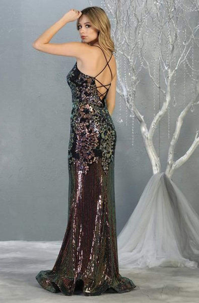 May Queen - RQ7874 Embellished Deep V-neck Trumpet Dress Evening Dresses